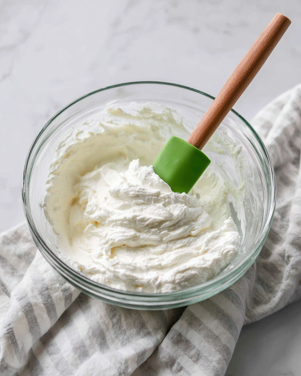 A clear glass bowl contains a single thick layer of fluffy white cream with soft peaks, showing a smooth and airy texture. A green silicone spatula with a wooden handle stands inside the bowl, partially coated with the cream. The bowl is placed on a white marbled surface with a cloth underneath that has light gray and white stripes, adding subtle texture to the scene. photo taken with an iphone --ar 4:5 --v 7