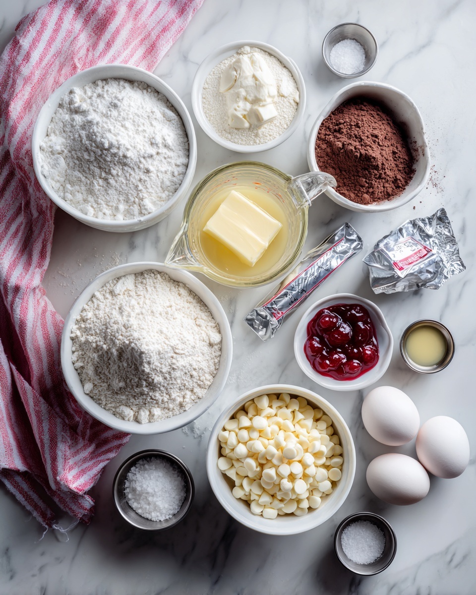The image shows a flat lay of various baking ingredients arranged on a white marbled surface. In the center, there is a glass measuring cup filled with melted butter, surrounded by white bowls containing white sugar, flour, cocoa powder, white chocolate chips, and a red fruit jam. Two whole white eggs and a partially unwrapped silver package of butter lie near the center. There are also small metal bowls with salt, vanilla extract, and another white ingredient. A pink and white striped cloth is placed on the left side of the scene. Everything is neat and visually clear, bright with soft natural lighting. photo taken with an iphone --ar 4:5 --v 7