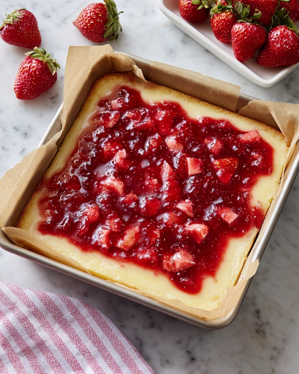 A square baking pan lined with parchment paper holds a two-layer dessert; the bottom layer is creamy and pale yellow with a smooth texture, while the top layer is bright red strawberry jam spread unevenly across the surface, creating a shiny, slightly glossy look with fruit chunks visible. The pan sits on a white marbled surface with a white rectangular dish of fresh, red strawberries and two loose strawberries nearby. A pink and white striped cloth is partially visible in the lower corner. Photo taken with an iphone --ar 4:5 --v 7