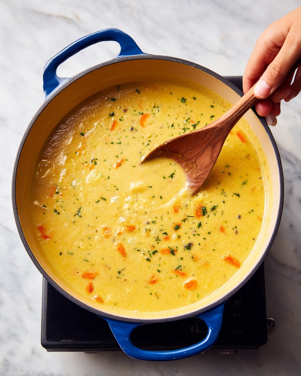 A large blue pot sits on a black induction cooktop with a white marbled surface underneath, filled with a thick, creamy yellow soup that has visible chunks of orange carrots and small green herbs scattered throughout. A woman's hand stirs the soup using a wooden spoon, creating a gentle swirl in the center of the pot. The soup has a smooth texture with some bubbles and oil droplets on top, giving it a warm and hearty look. Photo taken with an iphone --ar 4:5 --v 7