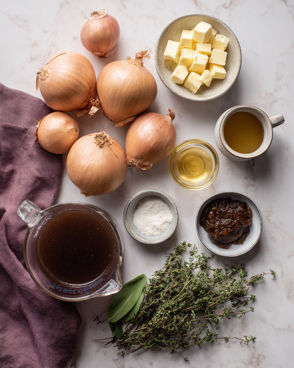 The image shows a collection of cooking ingredients neatly arranged on a white marbled surface. On the left, there are five large round light brown onions and four smaller, oval-shaped reddish shallots. On the right side, there are several small white bowls and containers holding different ingredients: a small bowl with yellow butter cubes, a small bowl with light yellow liquid, a small cup with dark amber liquid, a small glass bowl with white powder, and a tiny metal cup with a thick dark brown paste. A white bowl holds fresh green herbs, including thyme and a larger leaf. At the bottom left, there is a large transparent measuring jug filled with dark brown liquid. A muted purple cloth partially appears from the bottom left corner. The overall scene is simple and clean, with natural light highlighting the textures and colors. Photo taken with an iphone --ar 4:5 --v 7