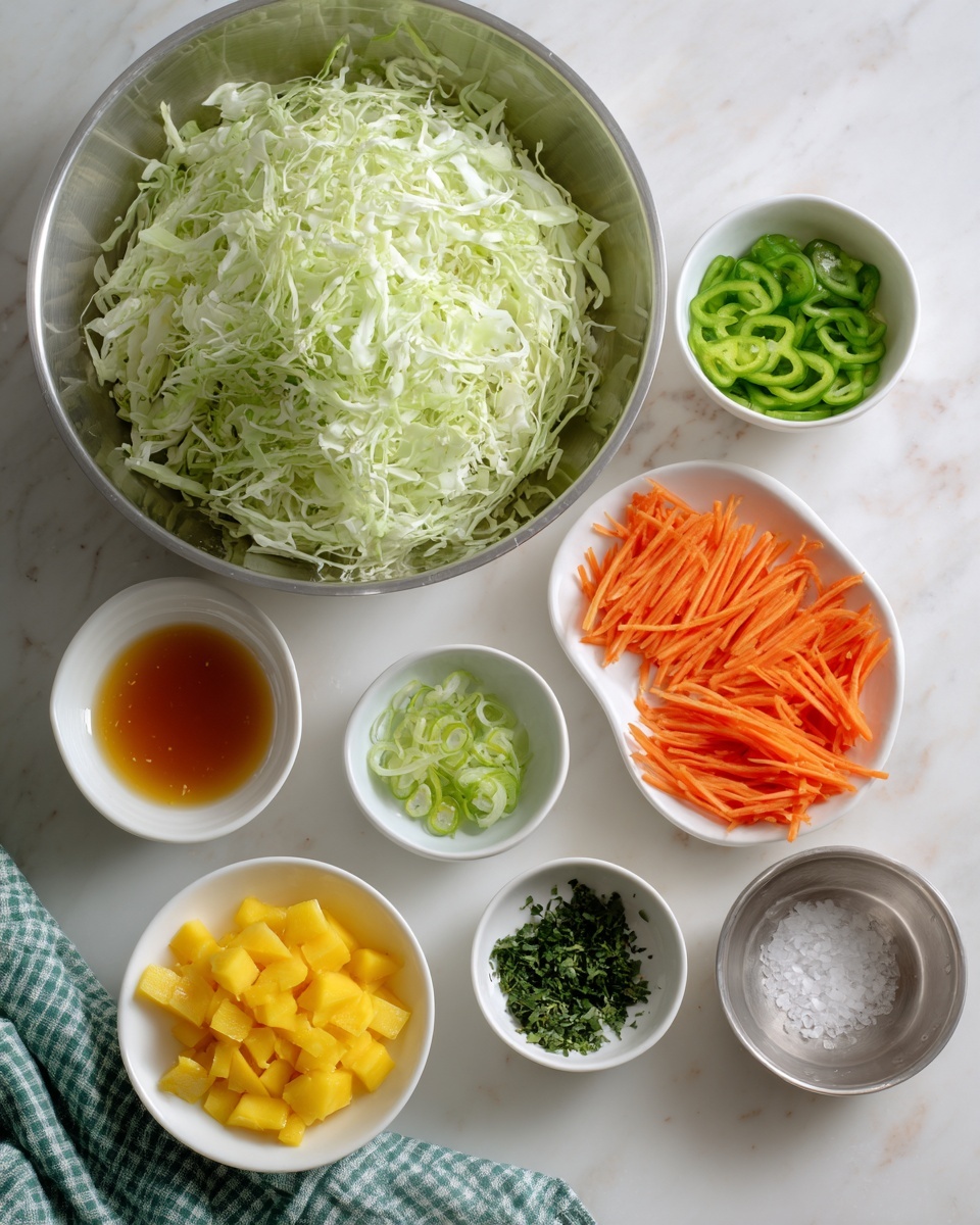 A large white bowl filled with many raw, peeled shrimp that are grayish-white and moist looking, placed on a white marbled surface. Surrounding it are smaller white bowls and metal cups holding different ingredients: one with several square pieces of pale yellow butter, one with a clump of minced garlic, one with a light yellow liquid, one with a reddish powder, one with a light clear liquid, one with a reddish sauce, a small clear glass bowl with white salt, and a small metal cup with bright green lime zest. A green and white checkered cloth peeks in from the bottom left corner. photo taken with an iphone --ar 4:5 --v 7