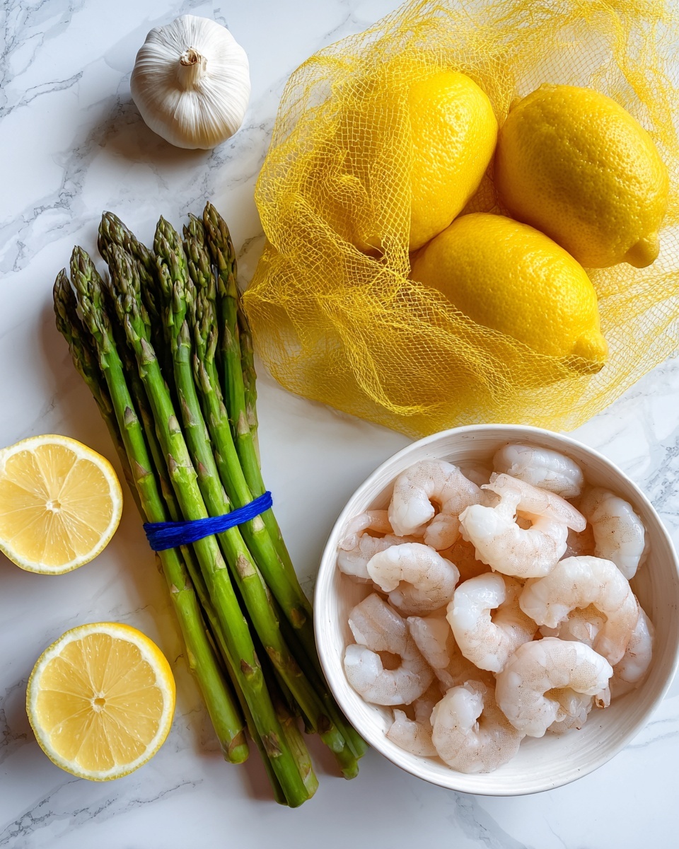 Inside a white round pan, cooked shrimp with light pink and orange shells are spread across most of the surface. The shrimp are mixed with small bits of garlic and finely chopped green herbs, creating tiny spots of white and green on their shells. On the right side of the pan, a bunch of fresh green asparagus stalks lie close together, sprinkled with a light layer of white grated cheese. The pan sits on a dark blue surface, showing some light food stains inside. photo taken with an iphone --ar 4:5 --v 7