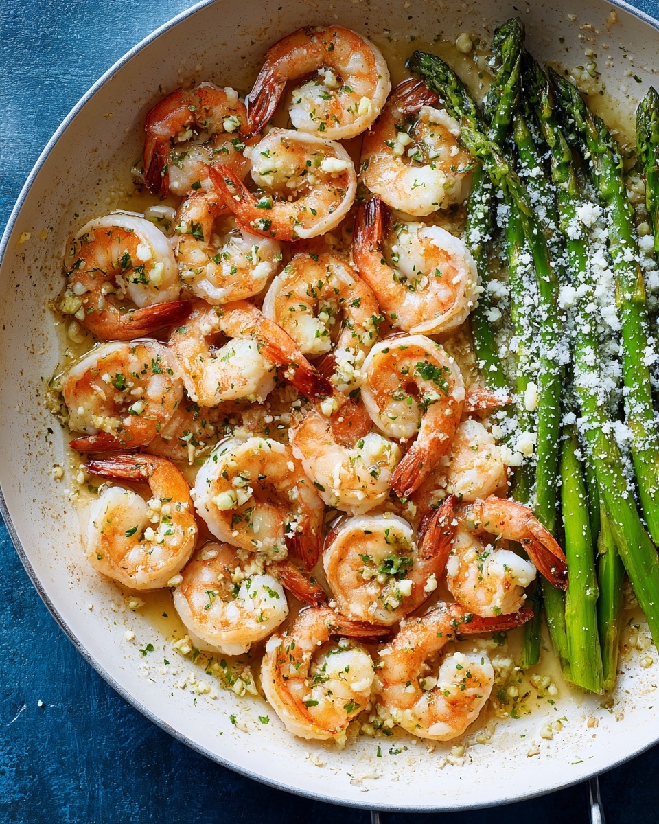 A close-up of a cooked shrimp held on a silver fork by a woman's hand, showing the shrimp with a light golden texture and small green herbs on it. In the background, a white pan filled with more orange shrimp sits next to a neat row of green asparagus spears. The setting is on a white marbled surface, and the photo has a soft focus on the pan, keeping the shrimp on the fork sharp. photo taken with an iphone --ar 4:5 --v 7