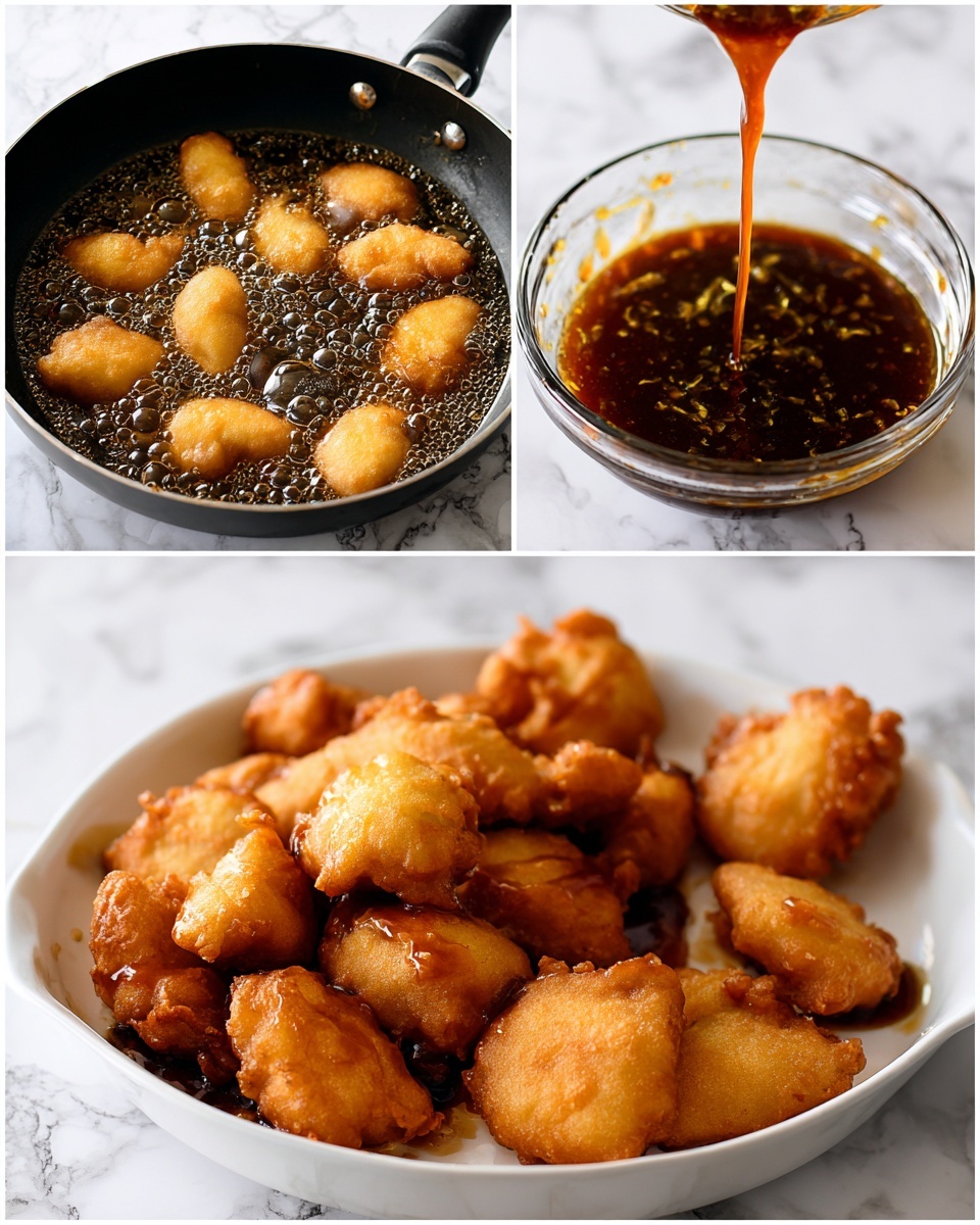 The image shows a three-part collage of golden fried pieces cooking and being sauced. The top left part shows a dark pan with light beige battered pieces frying in oil, some edges turning light brown. The top right part shows the same pan with the pieces now a deep golden brown and bubbling in the oil. The bottom part shows many crisp fried pieces in a white dish, with a glossy dark brown sauce being poured over them from a clear bowl from above, creating a shiny coating on some pieces. The background surface is white marble. Photo taken with an iphone --ar 4:5 --v 7