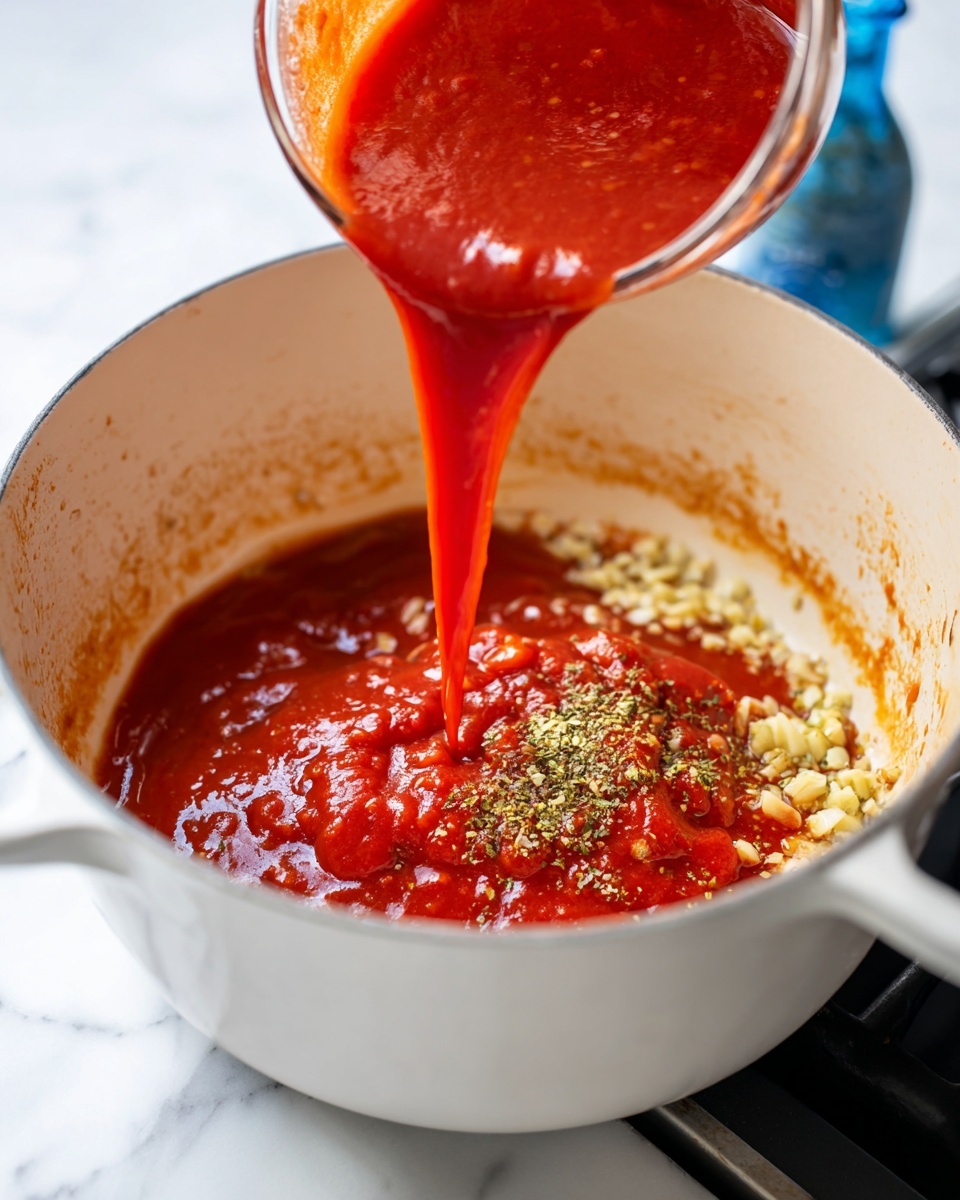 A large blue pan filled with one thick layer of creamy orange sauce mixed with small chunks of meat scattered evenly throughout. The sauce has a smooth texture with some small green herb sprinkles and ground black pepper on top. The pan sits on a white marbled surface. photo taken with an iphone --ar 4:5 --v 7