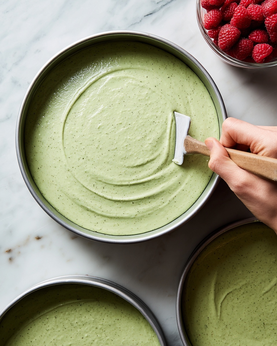 A close-up shot shows a smooth, light green creamy mixture being spread evenly in a round metal cake pan by a woman's hand holding a flat spatula. The texture is thick with small darker green specks dotted evenly throughout the surface. Below the main pan, a similar pan holds more of the same green mixture, also evenly spread. The pans are placed on a white marbled surface, and in the top right corner, a small part of a container filled with fresh red raspberries is visible. Photo taken with an iphone --ar 4:5 --v 7