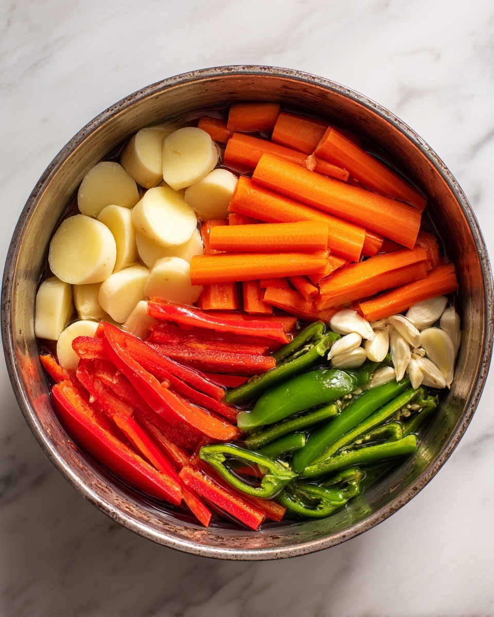 Inside a large metal pot, there are several layers of fresh vegetables arranged closely together. Starting from one side, peeled white potato slices rest at the bottom and are scattered across the pot. Above them, thick orange carrot sticks lay horizontally, covering a large part of the pot’s area. Next to the carrots, bright red bell pepper strips are neatly placed facing upward. On the other side, green chili peppers are cut lengthwise, showing their seeds and inner texture. Small whole garlic cloves are spread near the green chilies, nestled in the vegetable mix. The vegetables sit in a thin shiny layer of liquid that reflects light slightly. The pot itself has a worn metal look and rests on a white marbled surface. photo taken with an iphone --ar 4:5 --v 7