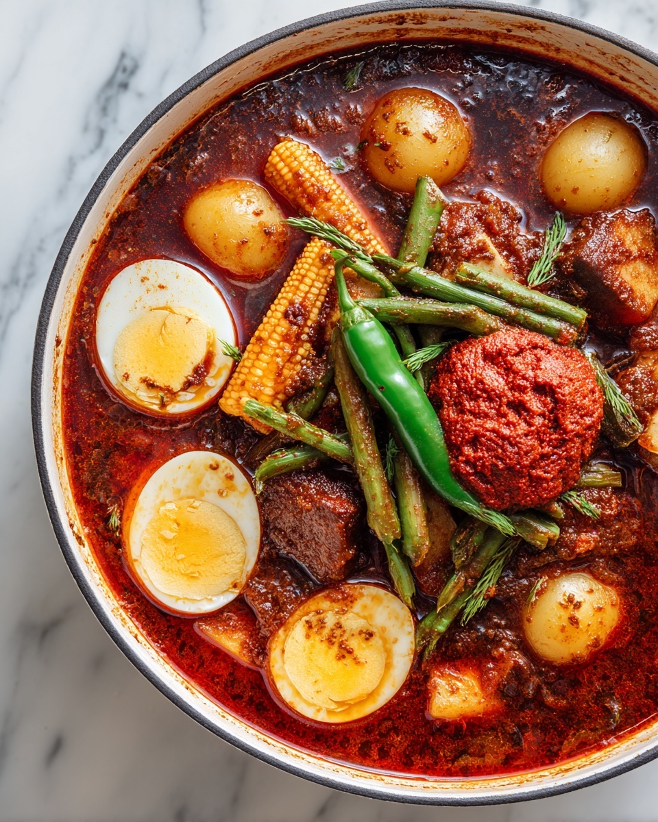 The dish is a richly colored stew in a deep white pot filled with several layers. The bottom layer consists of small segments of boiled egg half submerged in thick dark red sauce. Above the eggs, there are strips of orange carrot, round pieces of corn, and chunks of dark brown potato covered with a blend of powdered spices. In the center top layer, there is a dollop of bright red paste. A halved green chili pepper lies on top near the edge. The sauce looks oily and richly spiced, coating all ingredients evenly. The whole scene is set against a white marbled surface. photo taken with an iphone --ar 4:5 --v 7