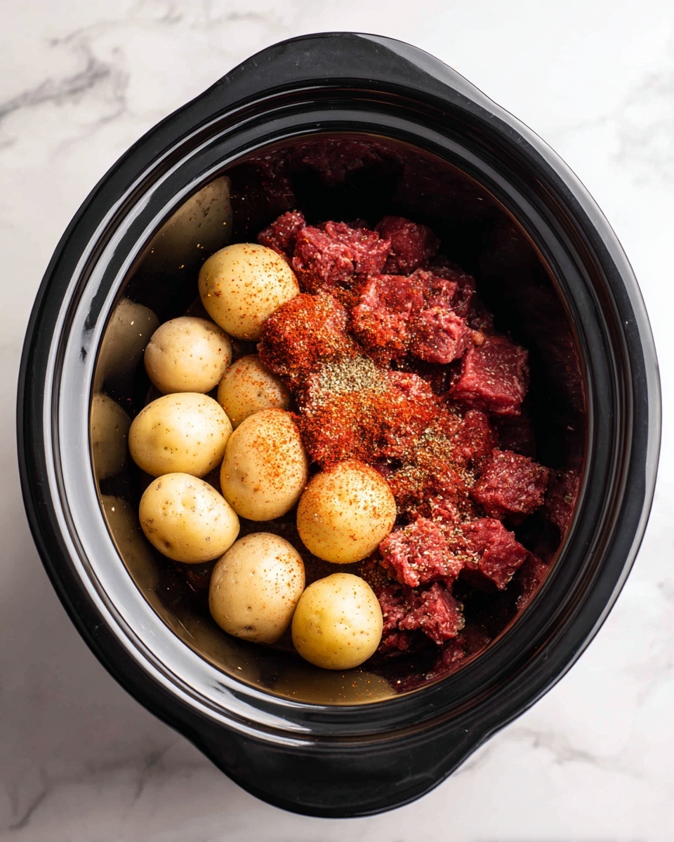The dish shows a white bowl filled with several layers of food. The bottom and middle layers are made up of yellow-brown potato halves and quarters with a soft texture. Mixed among the potatoes are medium-sized pieces of brown cooked meat with a slightly rough surface. Small green onion pieces are sprinkled on top, adding a fresh green color contrast. The bowl is placed on a white marbled surface with two wooden pepper grinders visible in the background. photo taken with an iphone --ar 4:5 --v 7