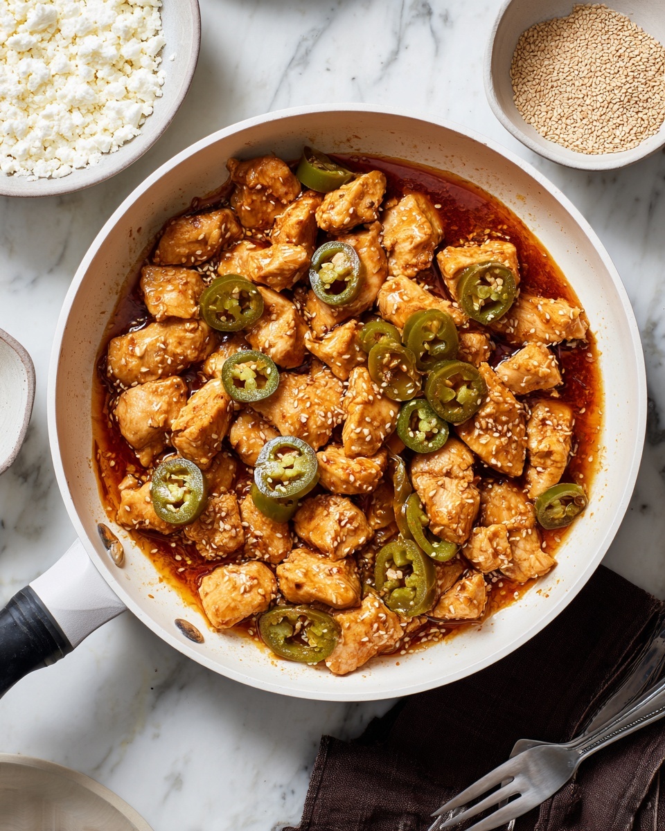 A white plate holds a dish with two layers: the bottom layer is a fluffy mound of white rice with a soft, grainy texture, and the top layer is made of small pieces of golden-brown cooked chicken coated in a sticky, slightly shiny orange sauce. Scattered on top and mixed with the chicken are a few thin, round slices of bright green jalapeño peppers, adding contrast. The plate is placed on a wooden table next to a small brown bowl filled with white sesame seeds. A fork with a wooden handle rests on a folded dark red cloth beside the plate. Photo taken with an iphone --ar 4:5 --v 7