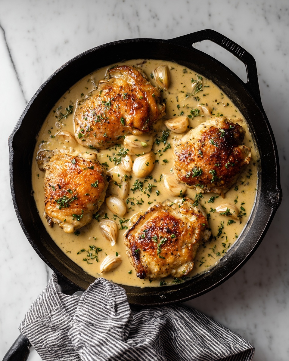 A black cast iron pan holds four thick pieces of golden brown chicken on top, nestled in a creamy light beige sauce. The sauce is smooth with visible small green herb bits sprinkled on the chicken and sauce. Around and on the chicken pieces are whole garlic cloves, lightly cooked and slightly softened. The pan is placed on a white marbled surface, and a black and white striped cloth is held by a woman's hand on the pan handle. photo taken with an iphone --ar 4:5 --v 7