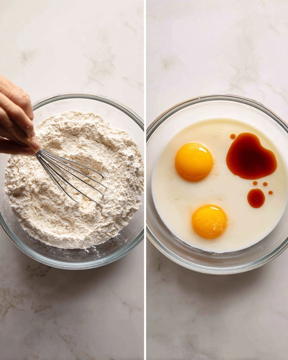 The image shows two side-by-side photos of clear glass bowls placed on a white marbled surface. On the left, a woman's hand is using a metal whisk to mix a bowl full of dry white flour with a light powdery texture. On the right, the bowl has liquid ingredients including a yellow egg yolk, white milk, and several drops of dark red sauce sitting on top before being mixed. Both bowls are round with smooth sides and the scene is lit with soft natural light. photo taken with an iphone --ar 4:5 --v 7