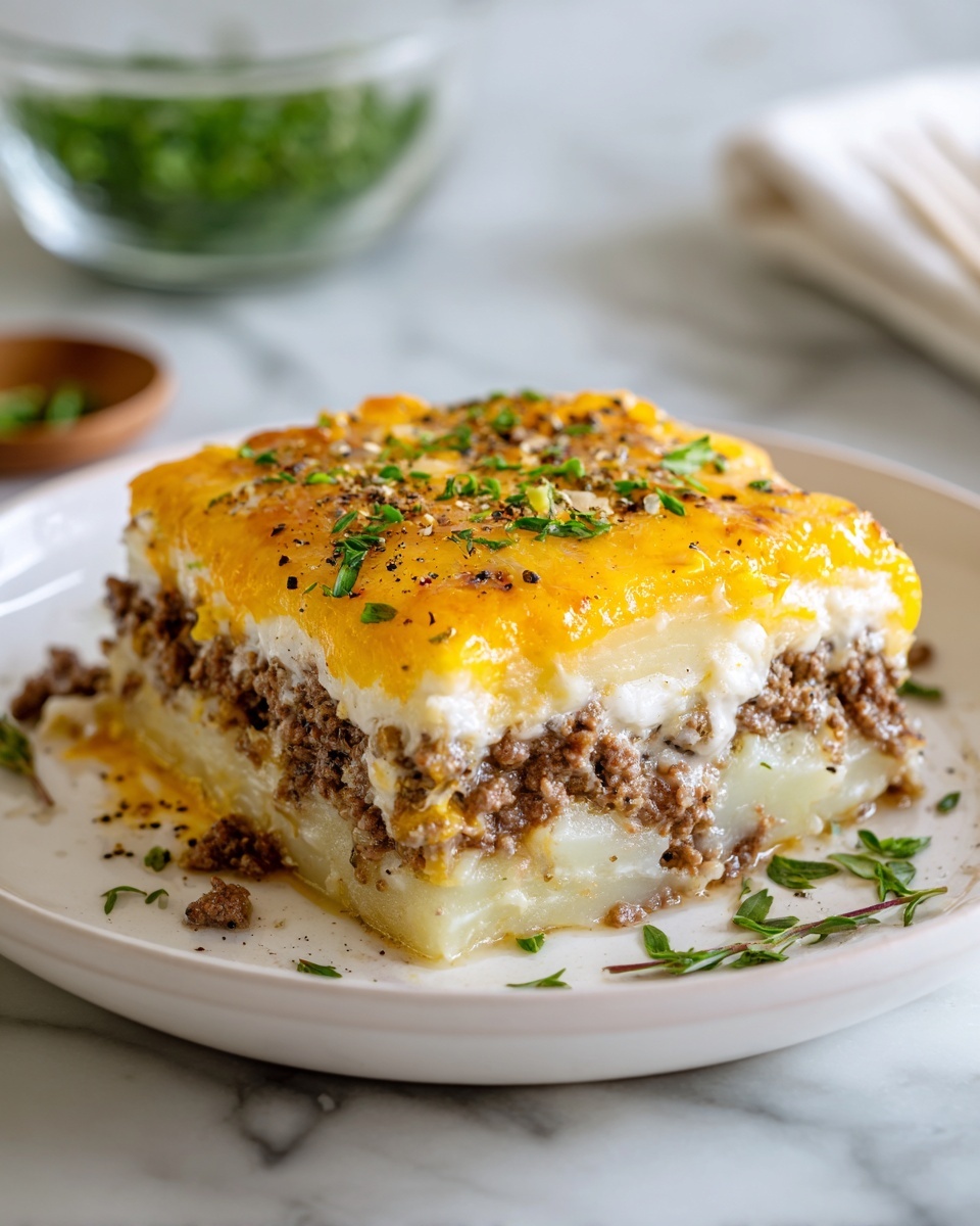 A white oval dish filled with a layered casserole featuring round potato slices that are soft yellow with a slightly browned top, layered among cooked ground beef pieces that are brown and crumbly. The dish is covered with melted bright orange cheese that has browned spots and a smooth, creamy texture. Small sprinkles of green chopped herbs are scattered on top, adding a touch of color contrast. The dish sits on a white marbled surface. photo taken with an iphone --ar 4:5 --v 7