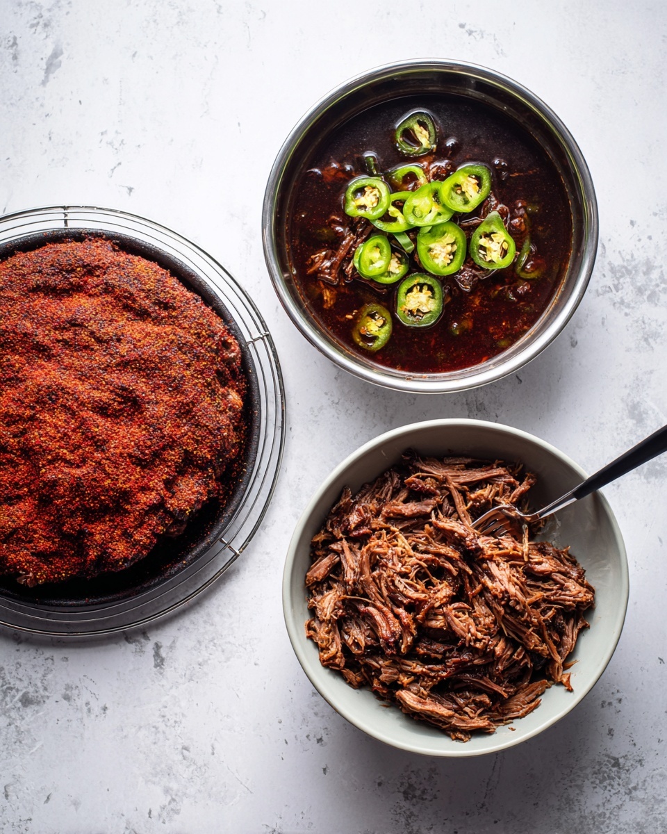 The image shows three stages of cooking pulled meat. On the left, a large piece of raw meat is covered evenly with a dark red spice rub, placed on a wire rack over a white marbled surface. In the middle, the cooked meat sits in a dark, rich sauce with sliced green jalapeños on top, the surface of the sauce reflecting light softly. On the right, shredded cooked meat fills a silver bowl, the strands dark brown and looking tender, with a black fork mixing the meat. The setting has a simple and clean appearance. Photo taken with an iphone --ar 4:5 --v 7