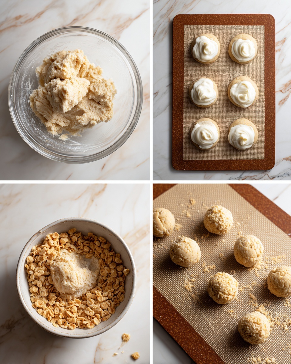 A collage of four images showing cookie preparation steps on a white marbled surface: top-left is a clear glass bowl filled with light beige dough being mixed; top-right shows six raw round dough balls on a brown baking mat, each with a dollop of white creamy filling in the center; bottom-left has a close-up of a bowl filled with crushed beige cereal flakes, with a dough ball being rolled in it; bottom-right shows five rolled cookie balls coated in crushed flakes placed on the brown baking mat. photo taken with an iphone --ar 4:5 --v 7
