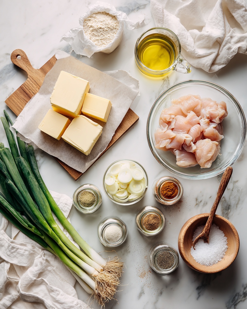 The image shows a flat lay of various cooking ingredients arranged neatly on a white marbled surface. At the center, there is a clear bowl filled with raw pink chicken slices. Above it, there is a transparent container filled with light yellow oil. To the left, a wooden tray holds three blocks of pale yellow butter. White flour is in a white paper bag near the top left corner. Green onions, both whole and sliced, are placed along the bottom left side with the sliced ones in a small white bowl. Several glass jars with different spice powders are scattered around, including one tilted spilling some light brown seasoning. There is also a small wooden bowl filled with white granulated salt near the top right area. A white cloth is draped softly over parts of the surface. photo taken with an iphone --ar 4:5 --v 7