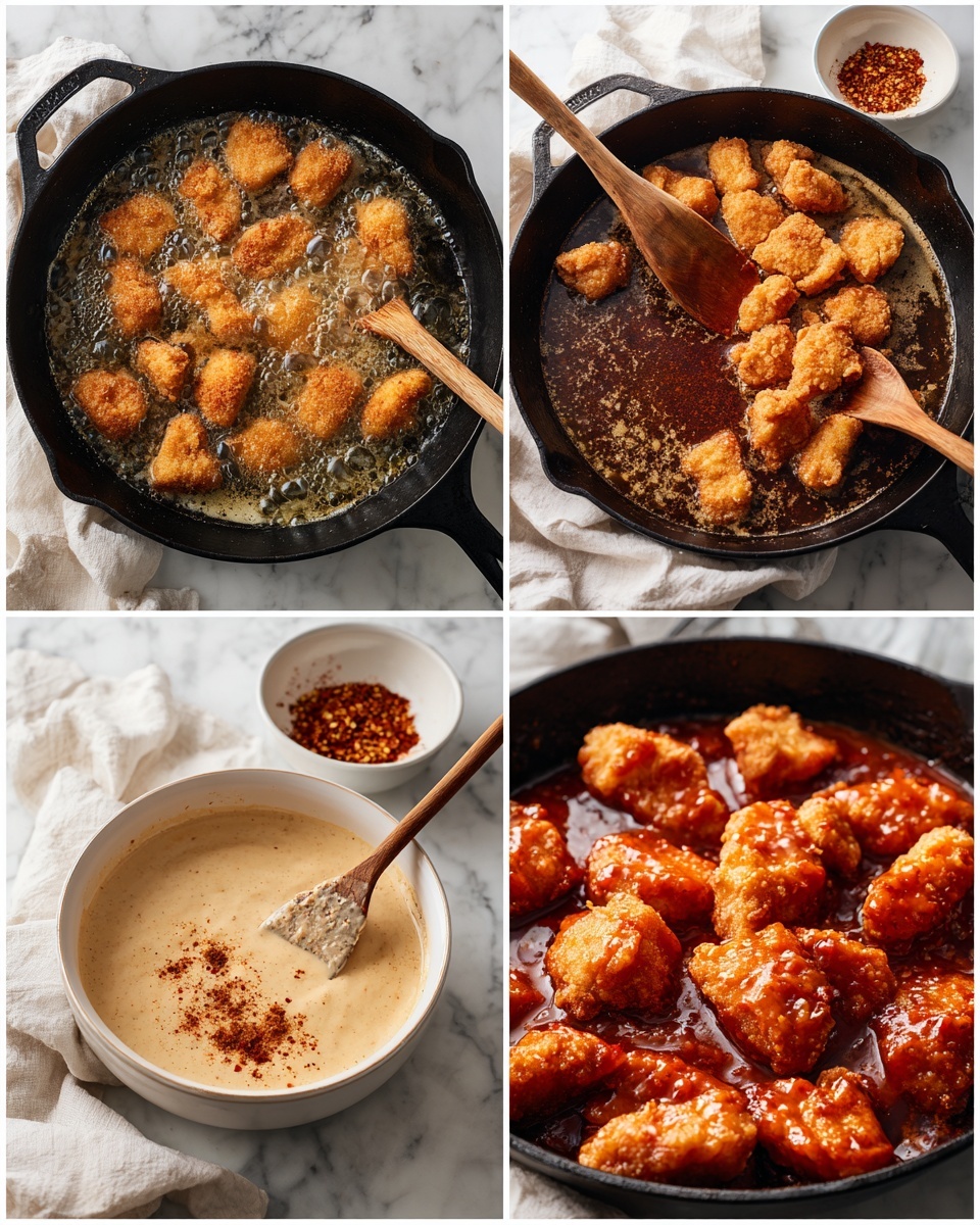 The image shows four steps of cooking fried chicken nuggets in a black cast iron skillet on a white marbled surface with a white cloth. The top-left part shows golden-brown chicken pieces frying in bubbling oil with a wooden spatula resting nearby. The top-right part shows the skillet with dark reddish-brown bubbling sauce stirred by a wooden spoon, with a white bowl of fried chicken pieces nearby. The bottom-left part shows a creamy light brown sauce with a darker spice mix on the surface being stirred by the wooden spoon in the skillet, with the bowl of fried chicken pieces present. The bottom-right part shows a close-up of the cooked chicken pieces covered in a rich, shiny, reddish-brown sauce, making them look juicy and coated. Photo taken with an iphone --ar 4:5 --v 7