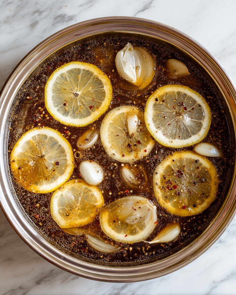 A large white pot filled with thick, dark reddish-brown sauce with oily spots on the surface, being stirred by a wooden spoon resting inside. A woman's hand is pouring light amber liquid from a glass measuring cup into the pot. The pot is placed on a white marbled surface with a light brown cloth nearby, a small round salt container to the side, and a round white marble coaster partly visible. photo taken with an iphone --ar 4:5 --v 7