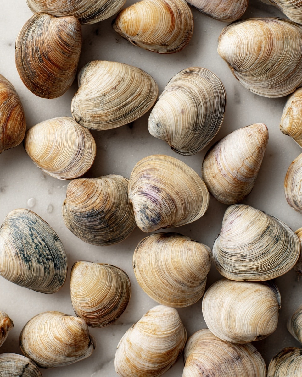 This image shows many clams with closed shells, spread closely together in a single layer on a tray. The clams have smooth, curved shells with a mix of beige, light brown, and grayish tones, featuring subtle striped patterns swirling around each shell. The surface beneath them is a white marbled texture, giving a clean and bright look to the scene. The shells vary slightly in shape and size, adding natural variety, and the overall view is focused on the top and side of the clams. photo taken with an iphone --ar 4:5 --v 7