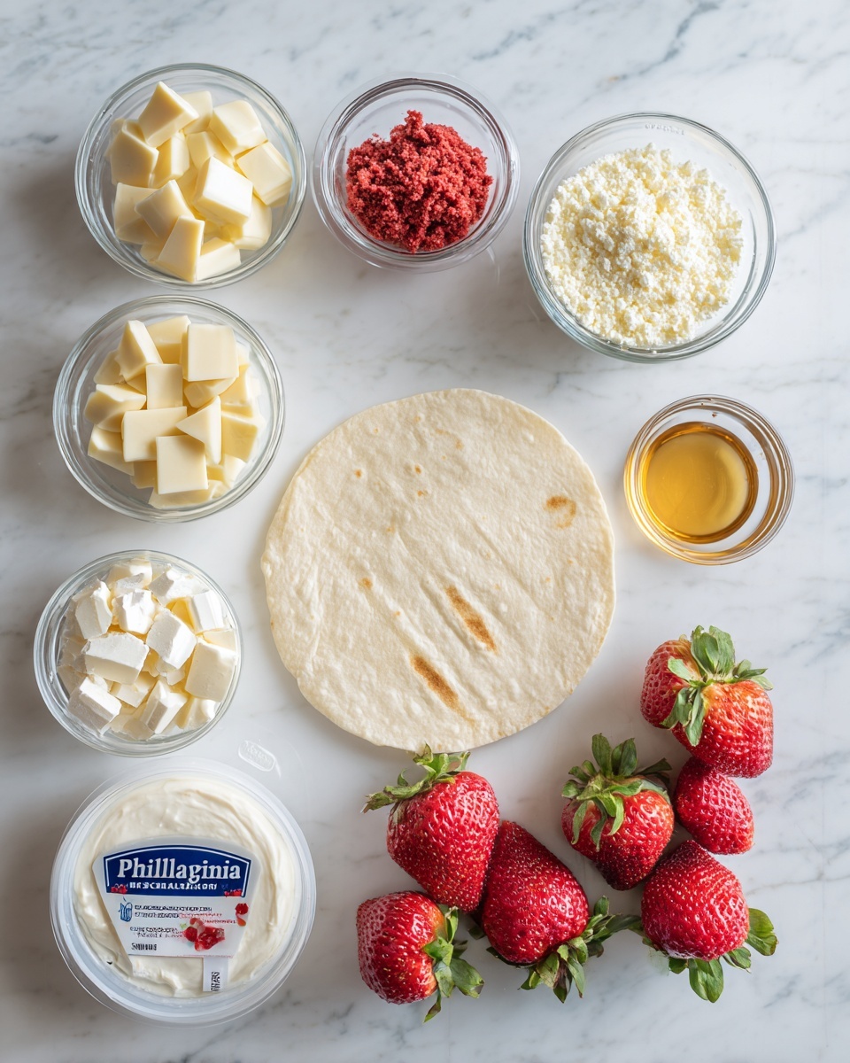 The image shows several ingredients arranged neatly on a white marbled surface. In the center is a large round white tortilla with a small glass bowl of red crumbly mixture on top. Around the tortilla are clear glass bowls filled with small square pieces of white chocolate, white creamy liquid, golden yellow oil, white powder, and fresh bright red strawberries with green leaves. There is also a plastic container labeled