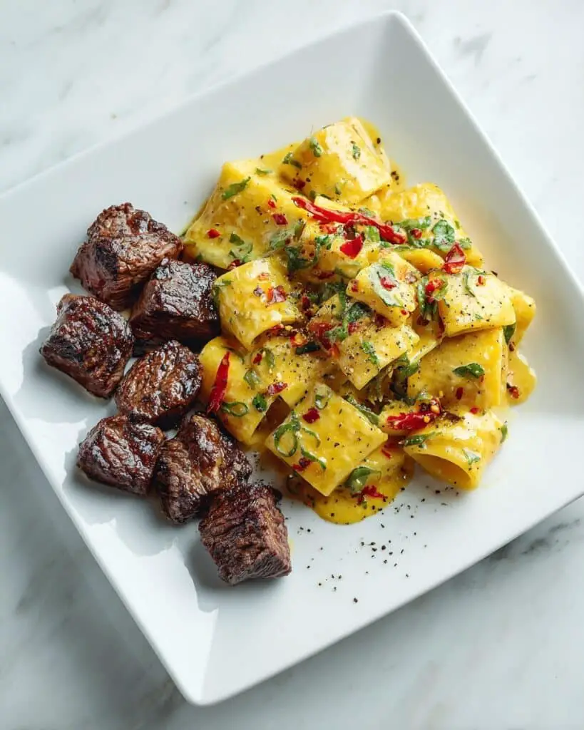Easy Cajun Steak Tips in Cheesy Rigatoni Parmesan Sauce Recipe