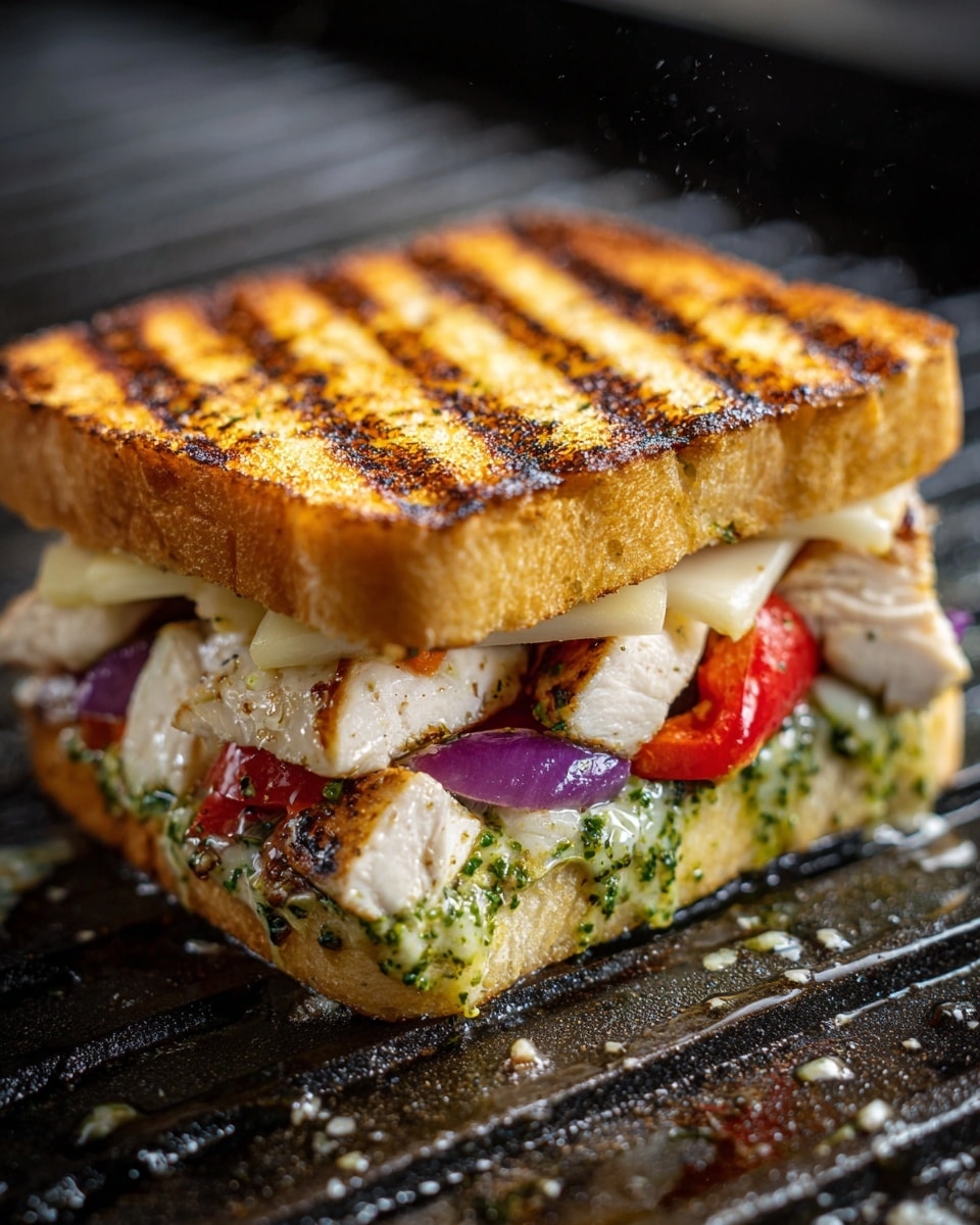A wooden board holds several food items arranged neatly: on the top left, thin white slices of chicken seasoned with green herbs are layered in a fanned shape; next to it, a small clear glass bowl contains green pesto sauce with a spoon inside; below the chicken, a small white plate has thinly sliced purple onion rings stacked evenly; in the middle near the bottom, another small white plate features several rectangular slices of pale yellow cheese; to the right of the pesto, a clear glass bowl full of bright red marinated roasted bell peppers is placed; on the right side of the board, three pieces of thick white bread with golden brown crust are stacked slightly overlapping with two thinner bread slices placed above the stack; the background is a white marbled surface. photo taken with an iphone --ar 4:5 --v 7