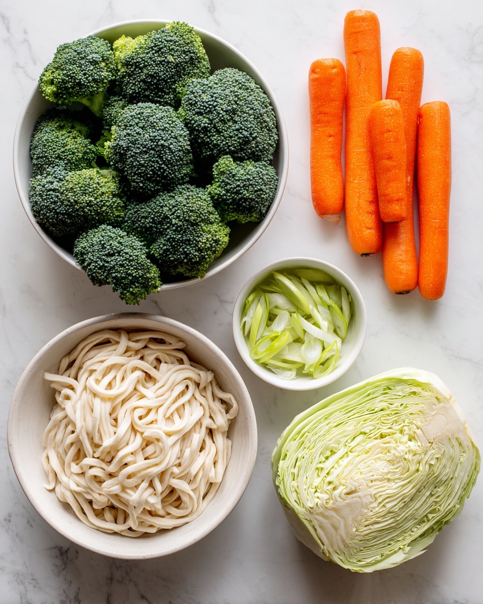 The image shows five items laid out on a white marbled surface. On the top left, there is a white bowl filled with fresh dark green broccoli florets. To the right of the broccoli, there are three bright orange carrots arranged side by side. Below the broccoli, a white bowl is filled with thick, white udon noodles piled loosely. In the middle right, a small white bowl holds light green sliced scallions. At the bottom right, a halved light green cabbage sits with its layered leaves visible. photo taken with an iphone --ar 4:5 --v 7