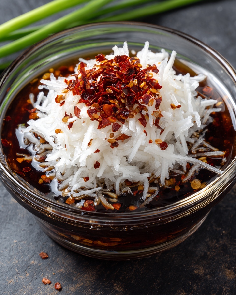 A large piece of raw red meat with white fat veins lies flat on a white rectangular plate in the center. The meat has a rich red color with smooth and shiny textures. Surrounding the plate are small clear glass bowls filled with different ingredients: dark brown liquid, light yellow liquid, green chopped herbs, light brown granulated powder, bright yellow shredded pieces, red chili flakes, and small minced bits. A greenish-yellow pear is placed on the top right corner. The background is a white marbled surface. photo taken with an iphone --ar 4:5 --v 7