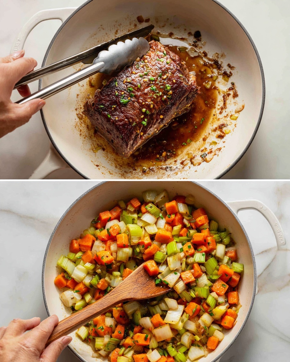 The first image shows a white pan with a cooked dark brown piece of meat in it, with some browned bits and juices around it; a pair of silver tongs held by a woman’s hand is gripping the meat from the sides. The second image shows a white pan filled with a colorful mix of diced vegetables including orange carrots, green celery, white onion, and light green leeks being stirred with a wooden spoon held by a woman’s hand; the pan sits on a white marbled surface. Photo taken with an iphone --ar 4:5 --v 7