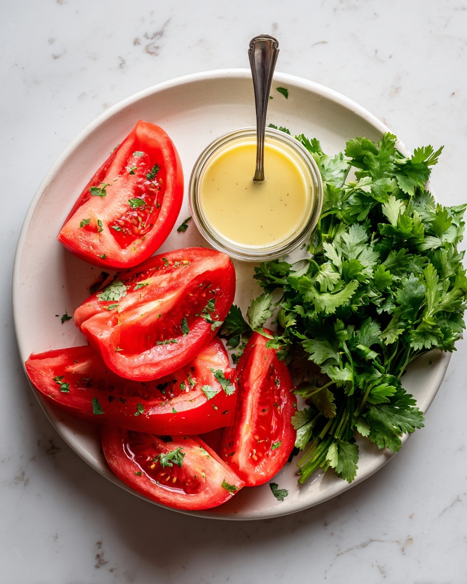 A white plate on a white marbled surface holds several large, hollowed-out tomato halves in bright red, arranged mostly along the lower and right side. On the right side of the plate, there is a bunch of fresh green cilantro with leafy textures. Near the center of the plate, a small glass jar filled with light yellow sauce sits, with a spoon inside it facing up. The colors are vivid with the red tomatoes, green herbs, and pale yellow sauce all clearly seen. Photo taken with an iphone --ar 4:5 --v 7