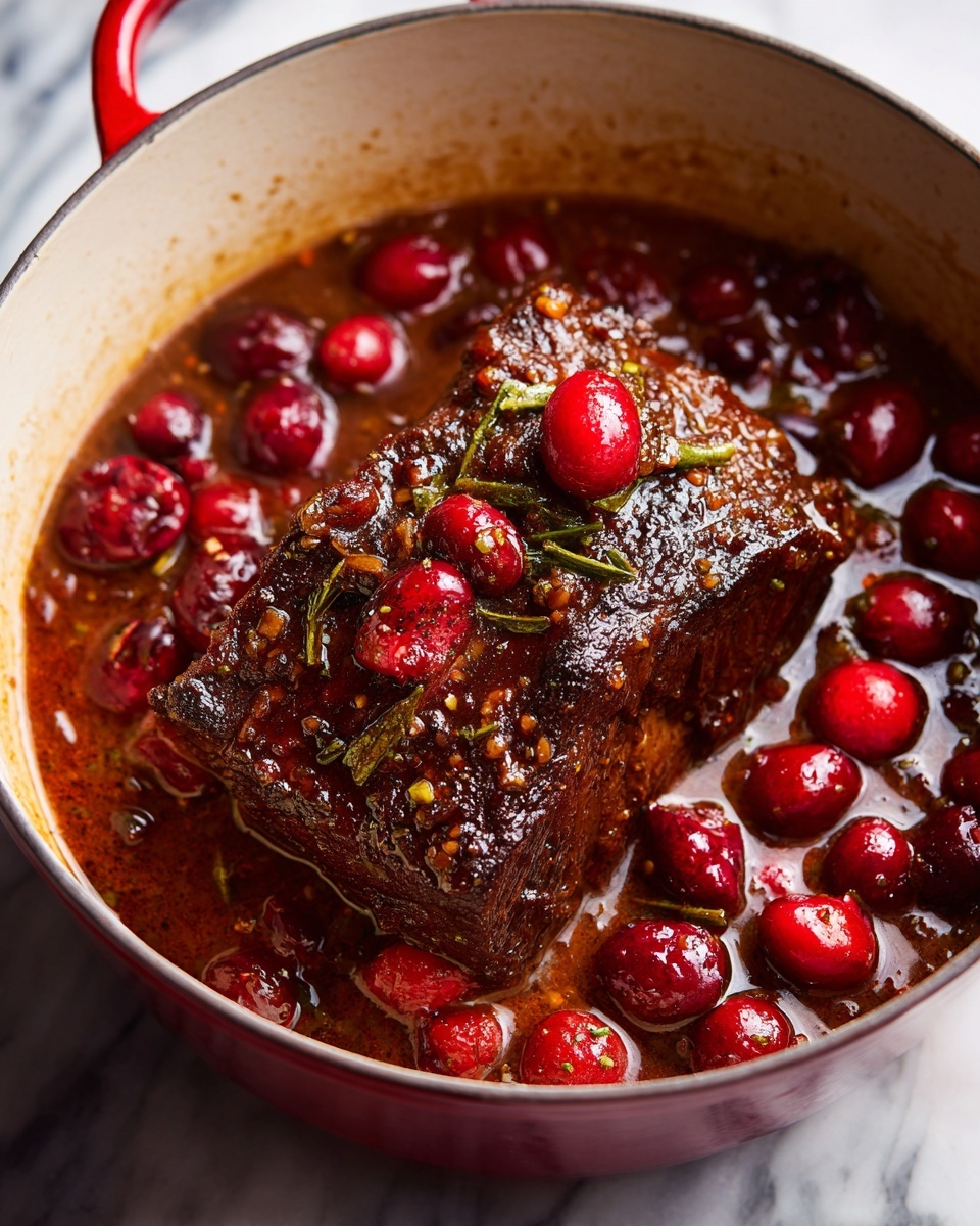 The image shows a dark brown piece of cooked meat lying in a deep pool of thick sauce filled with red cranberries and small bits of herbs or spices. The meat has a rough textured surface with some darker charred patches. The sauce is glossy and rich, with a mixture of red and reddish-brown colors and visible whole cranberries scattered throughout. The dish is in a white round pot with a red handle, set on a white marbled surface. photo taken with an iphone --ar 4:5 --v 7
