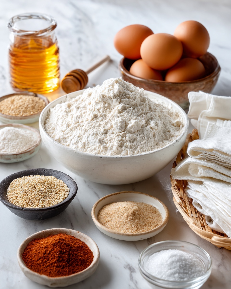 The image shows a white bowl in the center filled with a mound of white flour, surrounded by several small dishes and containers with different ingredients on a white marbled texture surface. Behind it to the right is a small brown bowl holding four brown eggs. In front of the eggs is a small glass jar of golden honey. To the right front is a basket lined with white cloth holding thin white flat sheets folded loosely. On the left side, from bottom to middle, are a small dark plate with light sesame seeds, a small brown bowl with light brown sesame seeds, a beige bowl with reddish-brown powder, a clear glass bowl filled with light brown powder, and a reddish-brown small bowl with white granulated sugar. The background and surface have a white marbled texture. Photo taken with an iphone --ar 4:5 --v 7