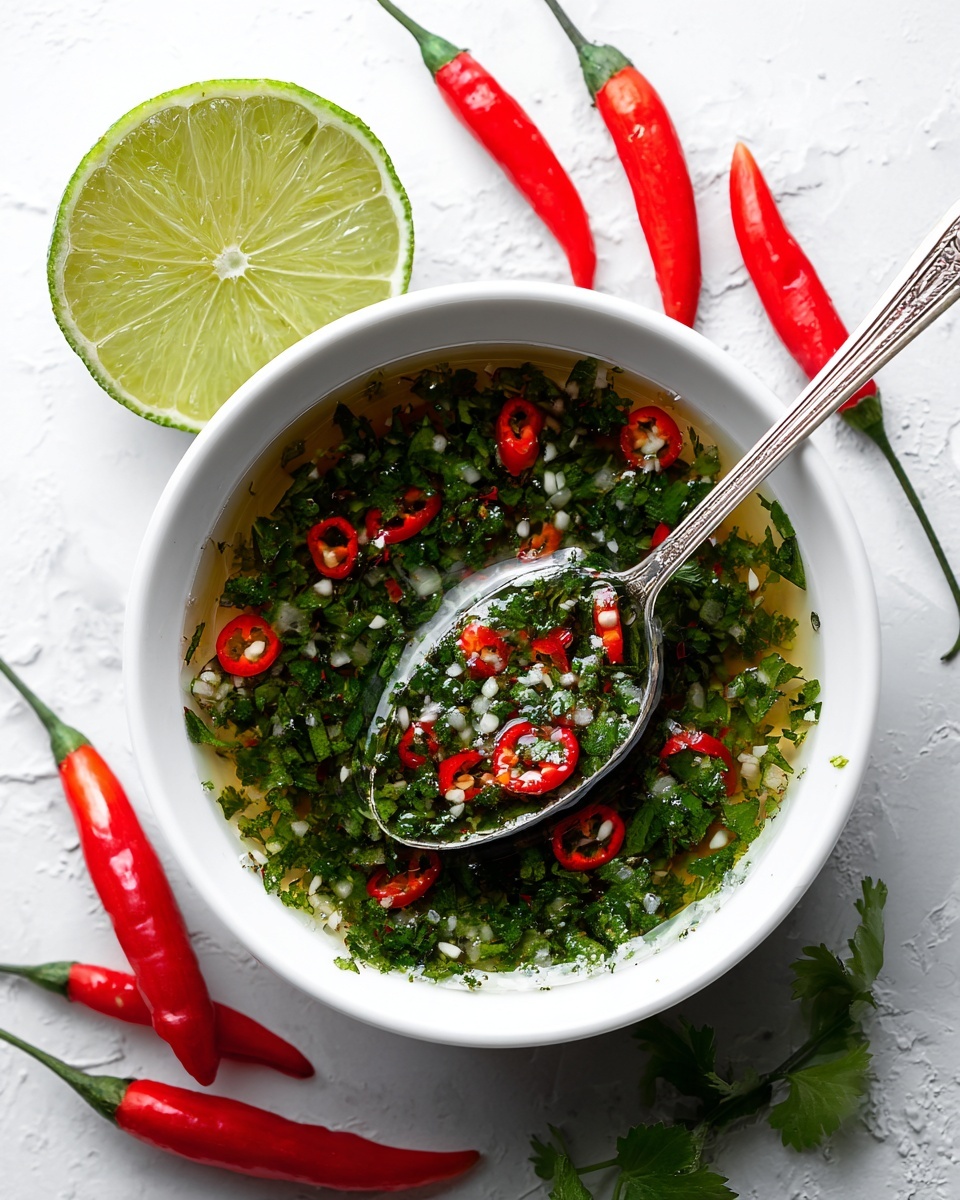 A white round plate holds two thick pieces of white fish fillets, each topped with a thin green lime slice and scattered with small red chili slices, finely chopped garlic, and fresh green herbs. The fish sits in a light yellow broth with a slight oily sheen, sprinkled generously with more finely chopped green herbs and tiny pieces of red chili, creating a fresh and colorful contrast. The plate is placed on a wooden surface, enhancing the natural and simple look of the dish. photo taken with an iphone --ar 4:5 --v 7