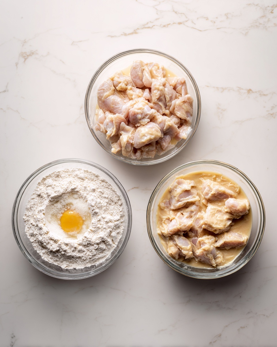 The image shows three glass bowls placed on a white marbled surface in a horizontal line. The first bowl on the left contains a mixture of white flour and an egg yolk sitting in the middle of the flour. The middle bowl is filled with small raw chicken pieces soaked in a light beige liquid. The third bowl, on the right, shows the same chicken pieces fully mixed and coated in the creamy beige liquid, giving it a moist and smooth texture. The bowls are clear, showing the ingredients inside clearly. photo taken with an iphone --ar 4:5 --v 7