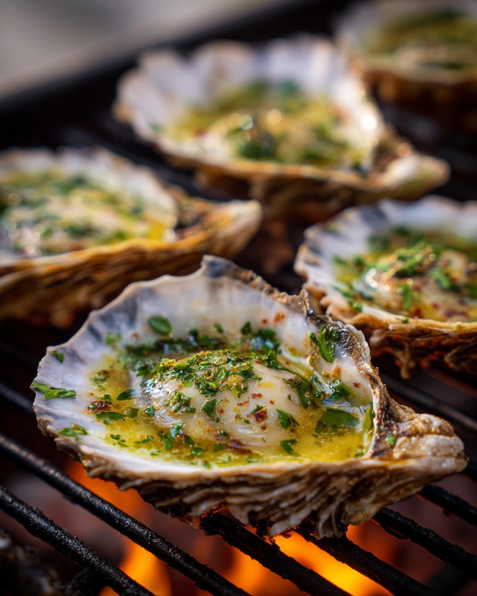 The image shows several open oyster shells arranged on a white plate with thin black lines. Each oyster shell is filled with a light yellow sauce, likely butter or oil, with visible green herbs sprinkled on top. Inside each shell, a plump oyster sits partially covered by the sauce, and there are small touches of reddish seasoning or sauce on some oysters. The oyster shells have a rough, natural texture with white interiors and slightly dark edges. The background surface is white with a marble texture. photo taken with an iphone --ar 4:5 --v 7
