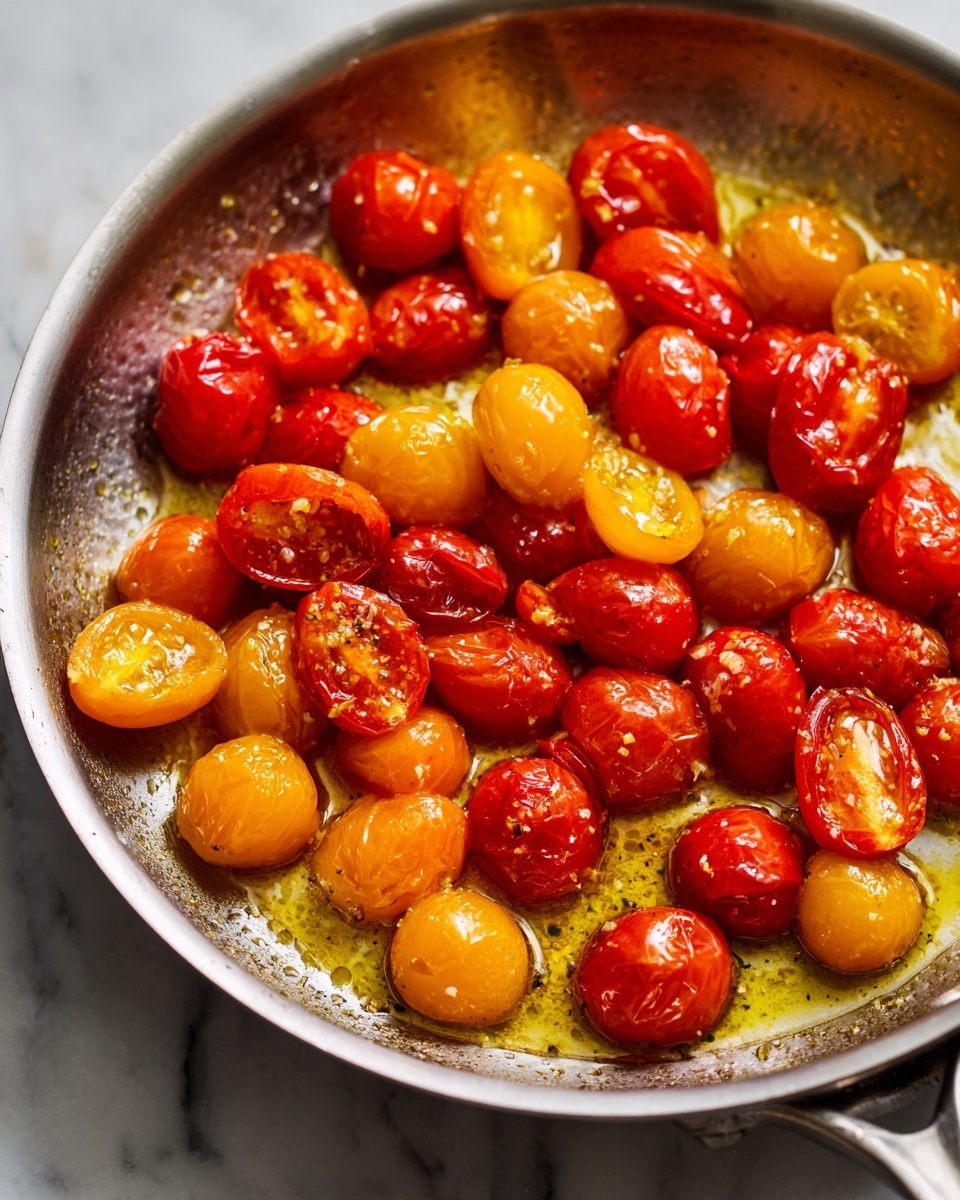 A close-up view of a pan filled with cooked cherry tomatoes that are both red and yellow. The tomatoes are soft and shiny with some cut in halves, showing their juicy insides. The pan has a silver metal color inside and the tomatoes are sitting in a thin layer of golden oil. The surface under the pan is a white marbled texture. Photo taken with an iphone --ar 4:5 --v 7