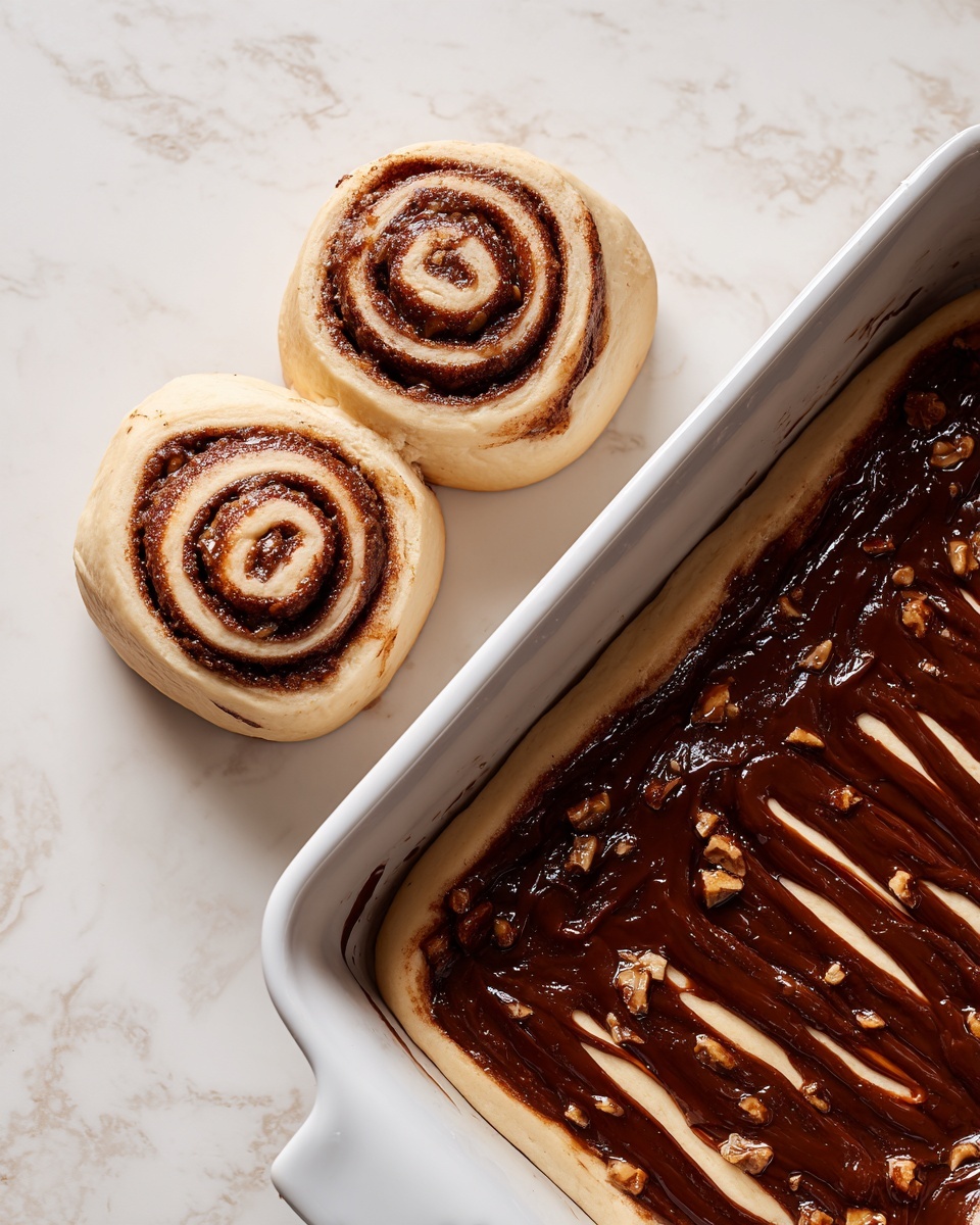 This image shows two unbaked cinnamon rolls placed in a white rectangular baking dish. Each roll has a spiral shape with visible light beige dough wrapped around a dark brown, glossy filling evenly spread in a thin layer, creating a clear swirl pattern. Next to the baking dish, on a white marbled surface, there is a large rectangular sheet of dough, also light beige, covered with a thick, glossy dark brown spread, cut into long vertical strips. The dough looks soft and smooth, while the dark filling is shiny and textured, likely from bits like nuts or fruit pieces mixed inside. Photo taken with an iphone --ar 4:5 --v 7