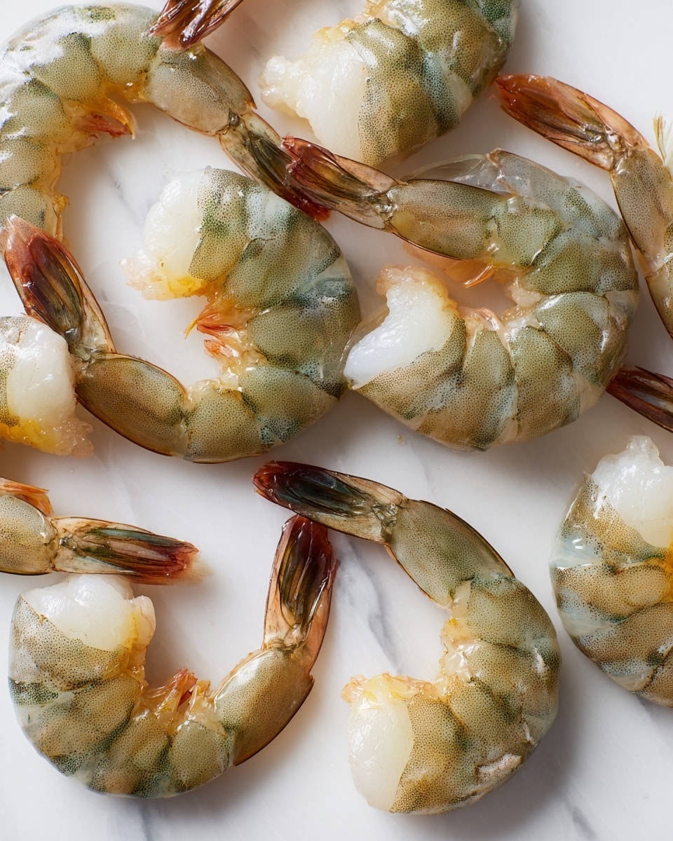 The image shows many raw shrimp placed closely together on a white marbled surface. Each shrimp is curved in a crescent shape with shells on, featuring greenish-grey and brown tones mixed with a shiny, translucent texture. The shrimp tails have dark brown tips with hints of orange and yellow near the joints. The shrimp flesh underneath the shells is pale white and slightly glossy. Photo taken with an iphone --ar 4:5 --v 7