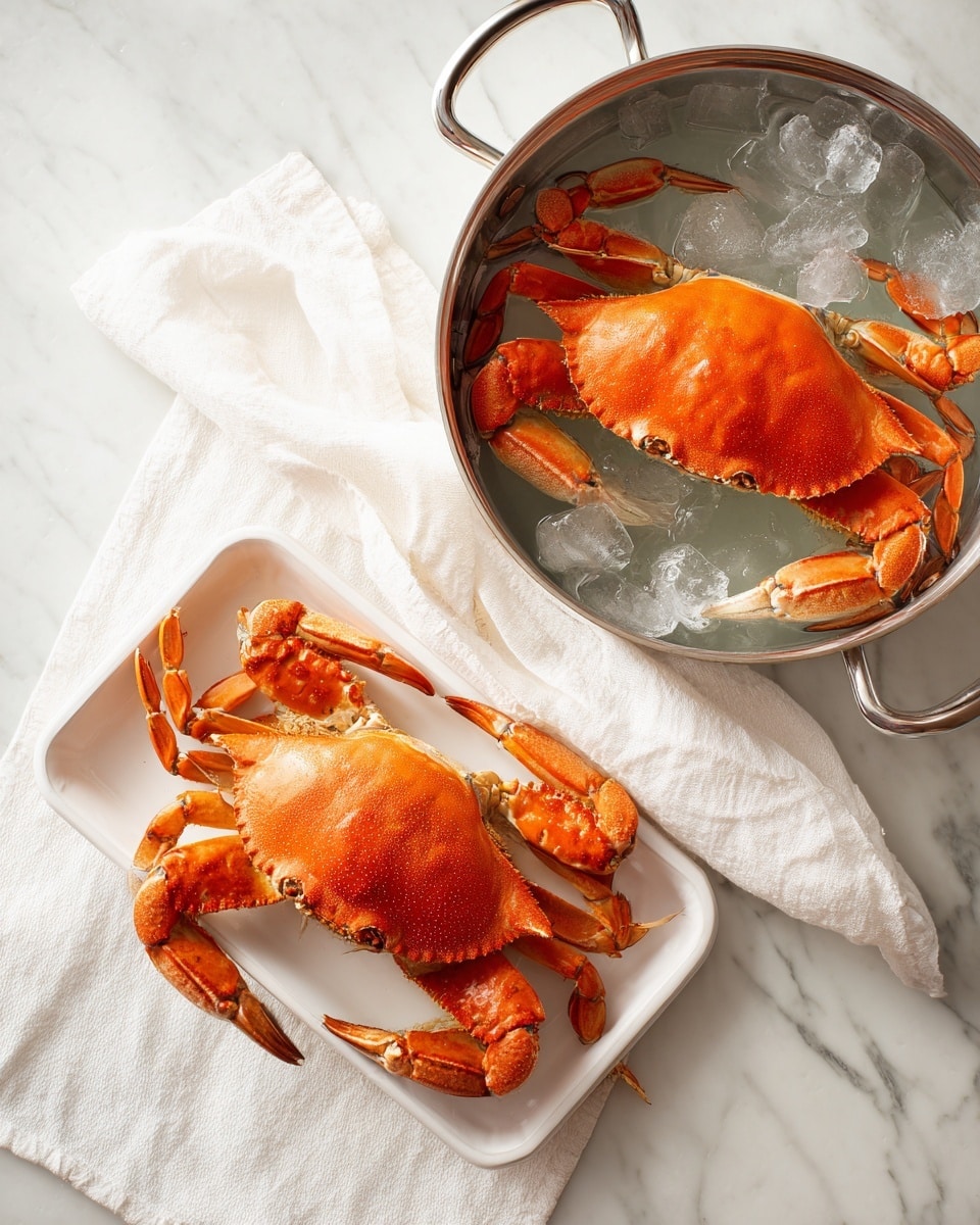 The image shows two orange crabs placed in two different settings on a white marbled surface. On the left side, one whole crab and part of another crab sit in a metal pot filled with boiling water, with steam rising above it. The crab’s shell is bright orange with visible texture and legs spread out in the pot. On the right side, a whole bright orange crab lies in a white tray filled with ice cubes, keeping the crab cool and fresh. The tray rests partly on a folded white cloth, and the crab’s legs are visible, with the shell shining under the light. Photo taken with an iphone --ar 4:5 --v 7