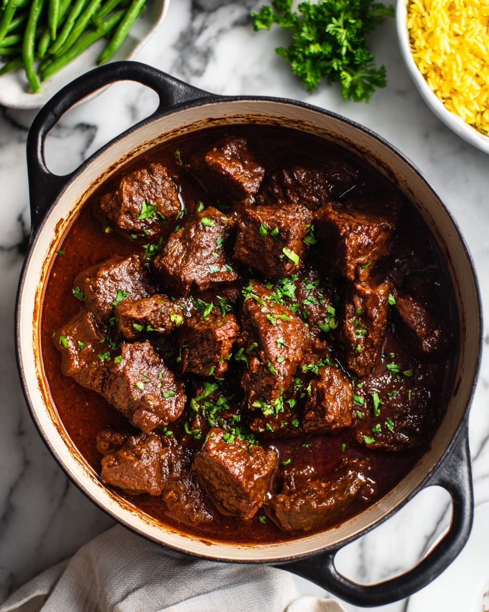 A close-up top view of a black-handled white cast iron pot filled with dark brown beef stew, showing several chunks of browned beef coated in a shiny, rich brown sauce, sprinkled lightly with chopped green herbs. The pot rests on a white marbled surface, with a small bunch of fresh parsley visible near the top right and a plate of green beans in the upper left corner. The edge of a bowl holding yellow rice is seen at the bottom right. A woman's hand is holding the pot's handle at the bottom left. Photo taken with an iphone --ar 4:5 --v 7