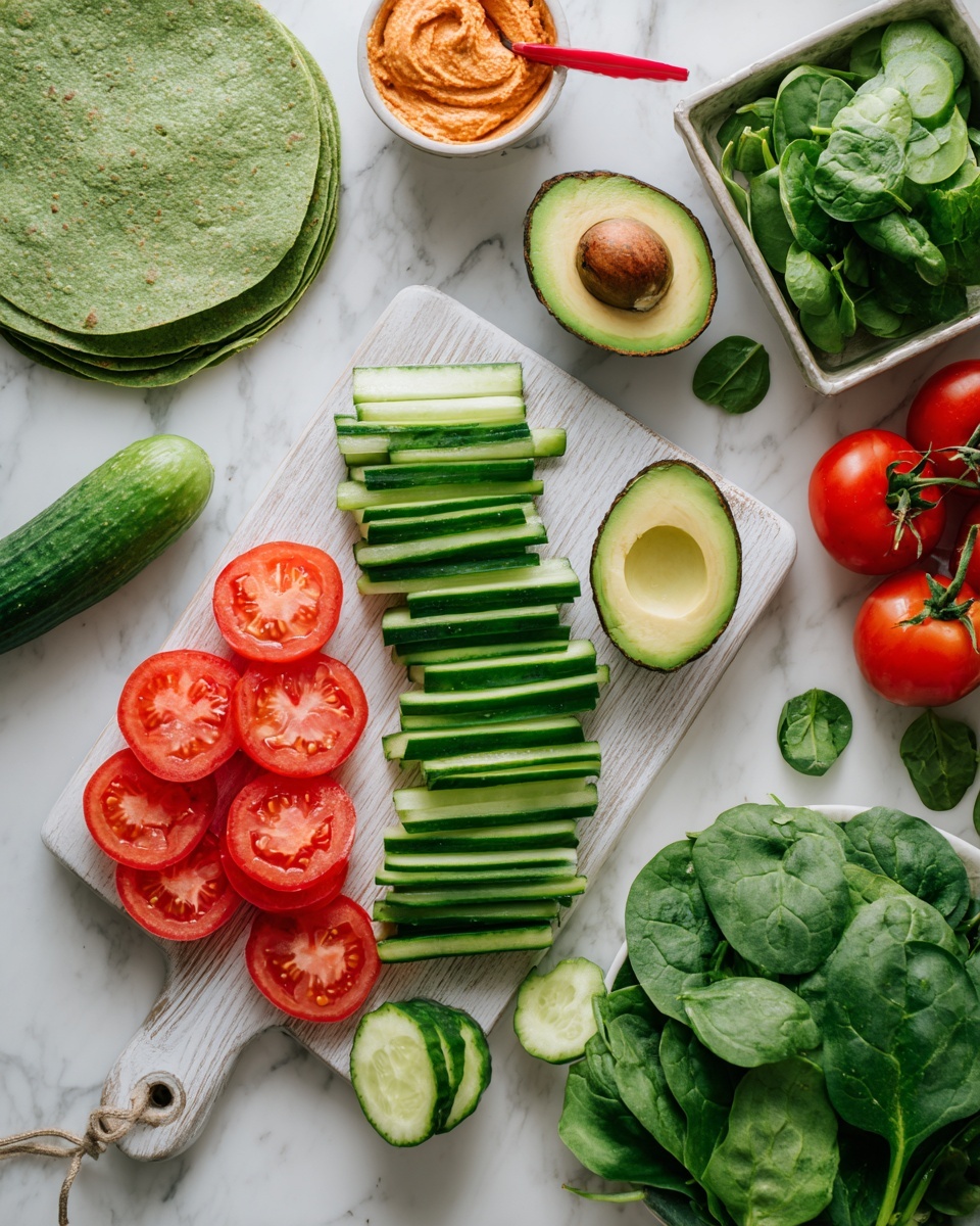 The image shows a flat lay of fresh ingredients on a white marbled surface. In the center, there is a white cutting board with cucumber slices laid out in long green strips and sliced red tomatoes with visible seeds. To the right of the cutting board, there are two avocado halves with one showing the brown seed, and a small stack of green avocado slices. Around the cutting board, there are fresh dark green spinach leaves spread out, a container of green sprouts at the top right, and several whole cucumbers and round red tomatoes scattered around. At the top left, there are green spinach tortillas partially stacked, and a white container with orange hummus and a red spoon inside. Photo taken with an iphone --ar 4:5 --v 7