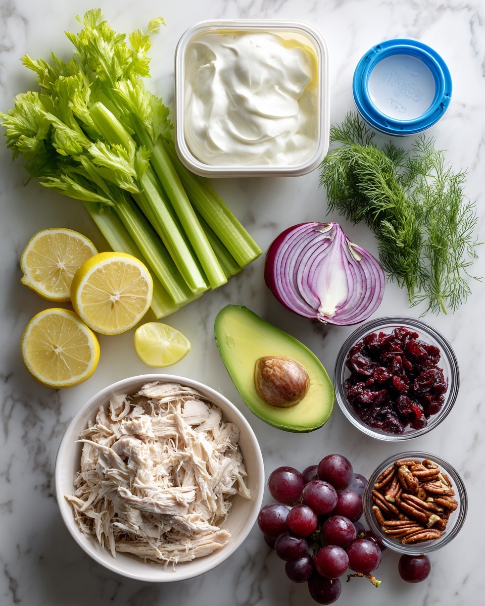 A tall stack of five sandwich pieces is shown, each made with toasted whole grain bread slices that have a slightly crispy golden-brown texture. Inside each sandwich, from bottom to top, there is a layer of fresh green lettuce leaves, a creamy mixture with white shredded chicken and small chunks of nuts and grapes, and thick slices of light green avocado. The sandwiches are placed closely together on a white marbled surface, showing the colorful layers clearly. Photo taken with an iphone --ar 4:5 --v 7