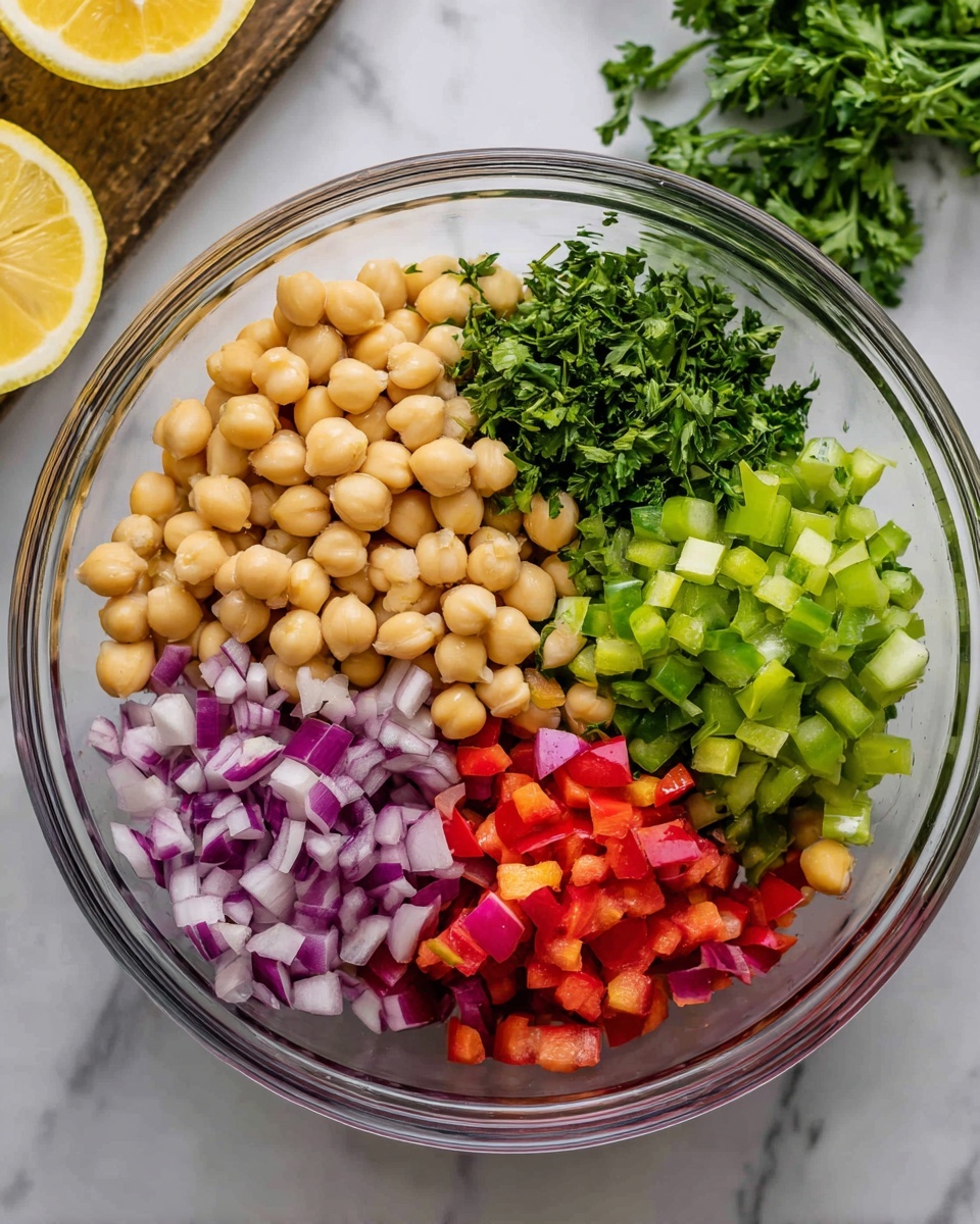 A clear glass bowl on a white marbled surface holds a colorful mixture of chopped vegetables and chickpeas arranged in distinct sections. On one side, there are light beige chickpeas, next to bright green chopped celery pieces, and fresh dark green parsley leaves. Alongside them are bright red diced bell peppers and finely chopped purple-red onions. In the background is a halved lemon and a blurred bunch of fresh herbs. The ingredients sit neatly and separately inside the bowl, showing off their bright, fresh colors and varied textures. photo taken with an iphone --ar 4:5 --v 7