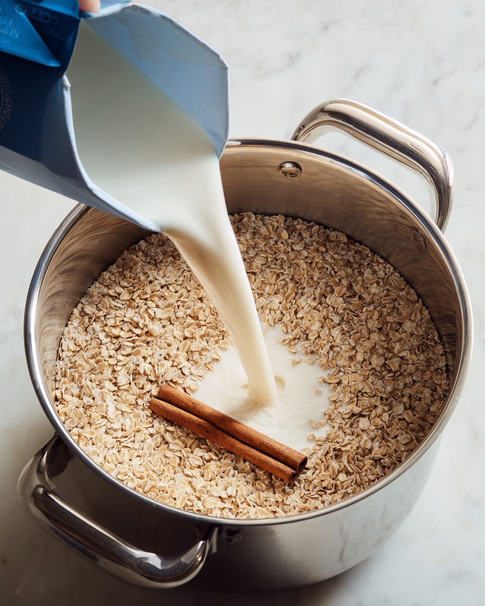 Inside a silver electric cooker, there is a layer of light brown rolled oats at the bottom, with a single cinnamon stick resting among them. A creamy white almond milk is being poured over the oats from a blue carton, forming a smooth, flowing stream that mixes with the grains. The cooker sits on a white marbled surface, and the scene shows a close-up view from above, highlighting the wet, textured oats and the shiny stainless steel interior of the cooker. Photo taken with an iphone --ar 4:5 --v 7