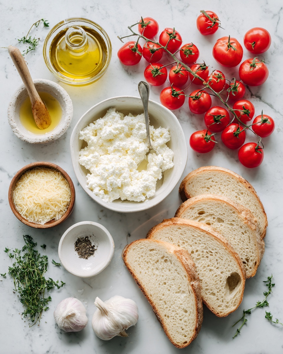 A white marbled surface holds a group of fresh ingredients arranged neatly: six slices of light brown bread with a porous texture are placed side by side on the right. Above them, bright red cherry tomatoes on green stems spread across the top right and center area. Near the center is a white bowl filled with creamy white ricotta cheese, with a silver spoon resting inside. To the left of it, a small wooden bowl holds grated pale yellow cheese, and below that, a small white bowl contains black pepper. Above these bowls are garlic cloves, a small glass jar of golden olive oil, and a brown bowl filled with white salt. Small green sprigs of fresh herbs are scattered around. The scene is brightly lit and clean. photo taken with an iphone --ar 4:5 --v 7
