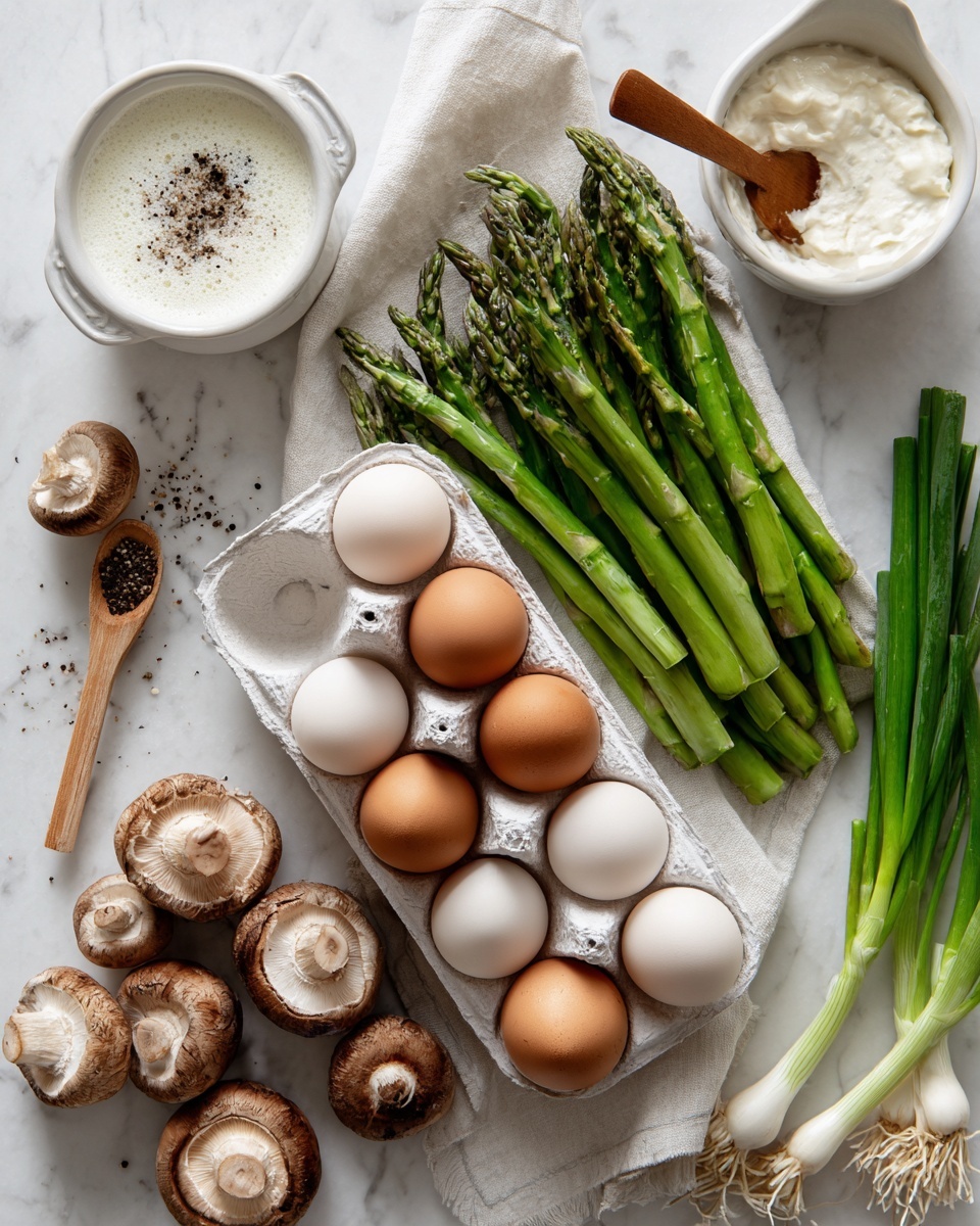 The image shows fresh raw ingredients on a white marbled surface. There is a white egg carton holding two brown eggs, with one more brown egg on a white cloth nearby. To the right, a bunch of green asparagus spears are laid out with their tips pointing in different directions. Near the bottom left, there are several brown mushrooms, some loose and some in a clear plastic bag. To the upper right, a small white bowl with black pepper and a wooden spoon inside sits next to a white bowl with a white liquid, likely milk or cream. On the far right, a small bunch of green onions with white roots is placed. photo taken with an iphone --ar 4:5 --v 7