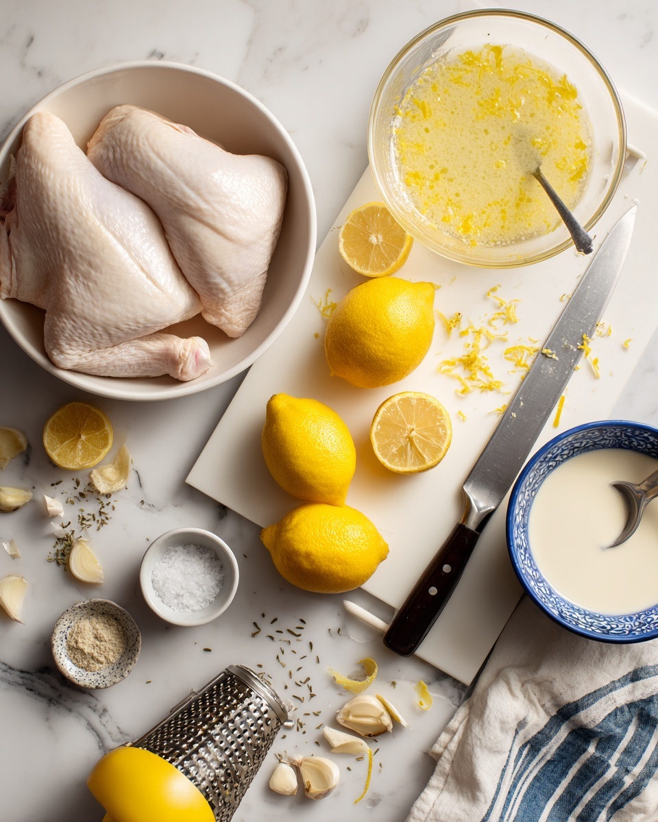 A white bowl on the left holds two large raw chicken pieces with smooth pale pink skin. To the right, a glass bowl contains a yellow liquid with lemon zest floating on top. In the center, a white cutting board has two whole bright yellow lemons, two lemon halves, and some peeled garlic cloves scattered around. A large knife with a black handle rests on the cutting board next to the lemons. Below the cutting board, a metal grater has bits of yellow lemon peel on it. Near the bottom left, there are two small white bowls, one with salt and the other with black pepper. A yellow lemon squeezer and a metal measuring spoon with dried herbs spill onto the white marbled surface. A small blue and white bowl on the right side contains white creamy sauce with a spoon in it. A white cloth with blue stripes is partly visible on the right edge. Photo taken with an iphone --ar 4:5 --v 7