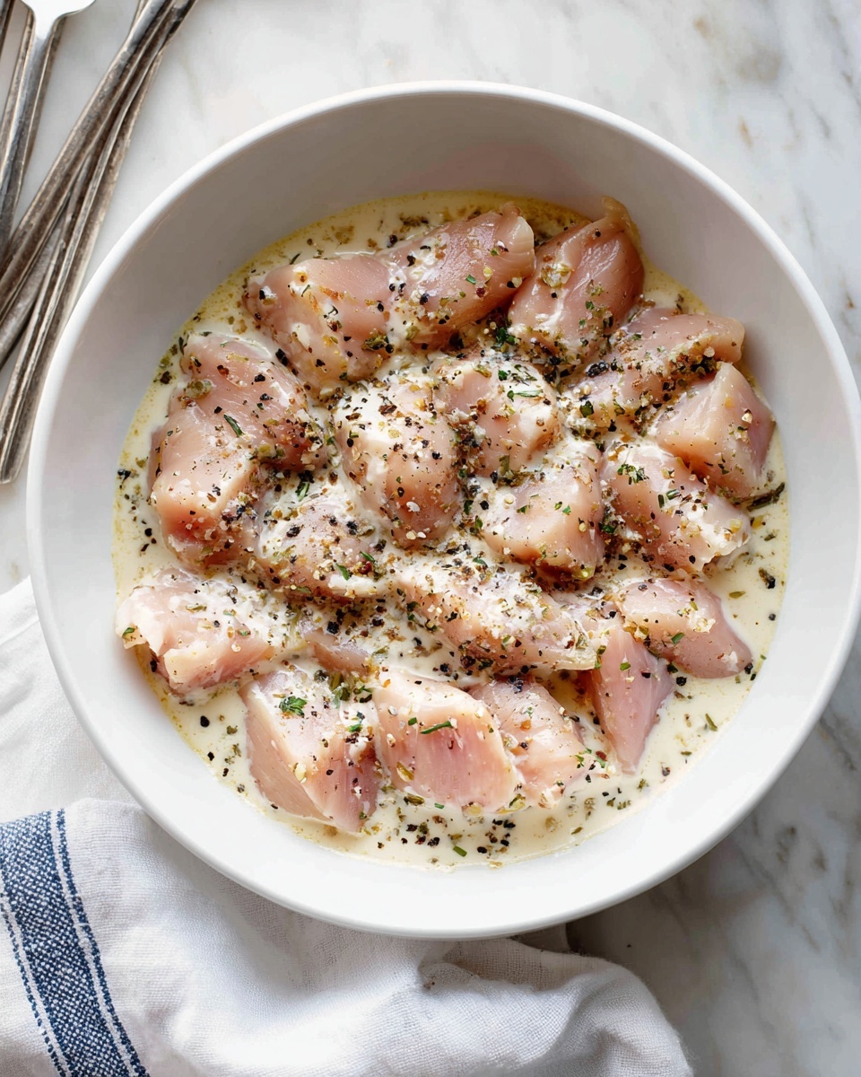 A white bowl filled with raw light pink chicken pieces layered evenly on top of a creamy sauce speckled with green herbs and black pepper. The sauce surrounds and partially covers the chicken, creating a mix of smooth and chunky textures. The bowl is placed on a white marbled surface, with metal kitchen tools and a white cloth with blue stripes resting nearby, adding subtle details to the setting. Photo taken with an iphone --ar 4:5 --v 7