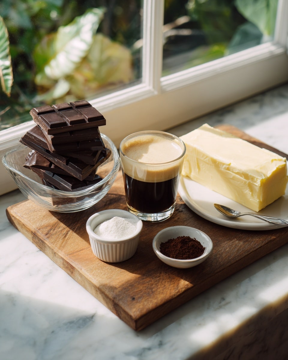 A clear glass bowl filled with a large mound of white flour sits in the center on a wooden surface with a white marbled texture. To the left, a clear measuring cup with red markings is filled with water, and in front of it is a small white plate holding two blocks of yellow butter. In front of the flour bowl are four brown eggs placed close together. To the right of the eggs are two small, white ceramic bowls, one filled with white salt and the other with white sugar, both with slightly different shapes. In the background, a shiny metal saucepan with a wooden handle and a wooden spoon rest on the wooden countertop. Soft natural sunlight brightens the scene from a window behind, with blurred green potted plants adding a fresh touch. Photo taken with an iphone --ar 4:5 --v 7